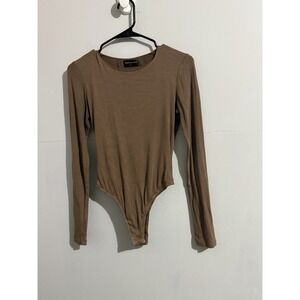 White Fox Ribbed High Neck Long Sleeve Bodysuit in Tan Size Medium